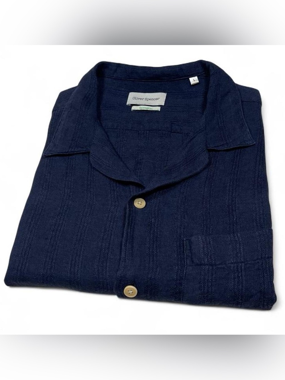 NWOT Oliver Spencer Ecological Linen Camp Collar Shirt Navy Blue Men’s Size L